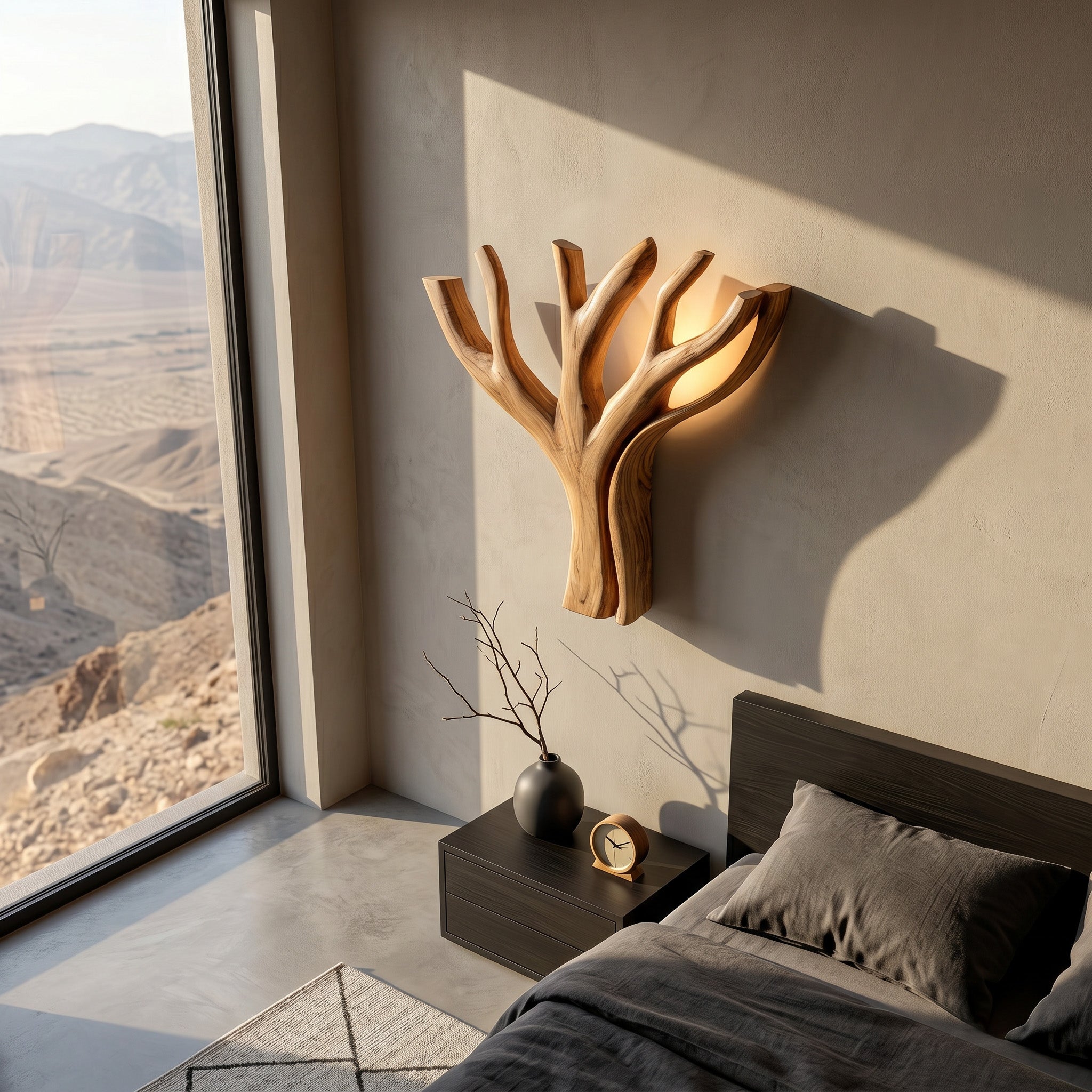 Modern Sculptural Wooden Lamp For Elegant Bedroom Interior