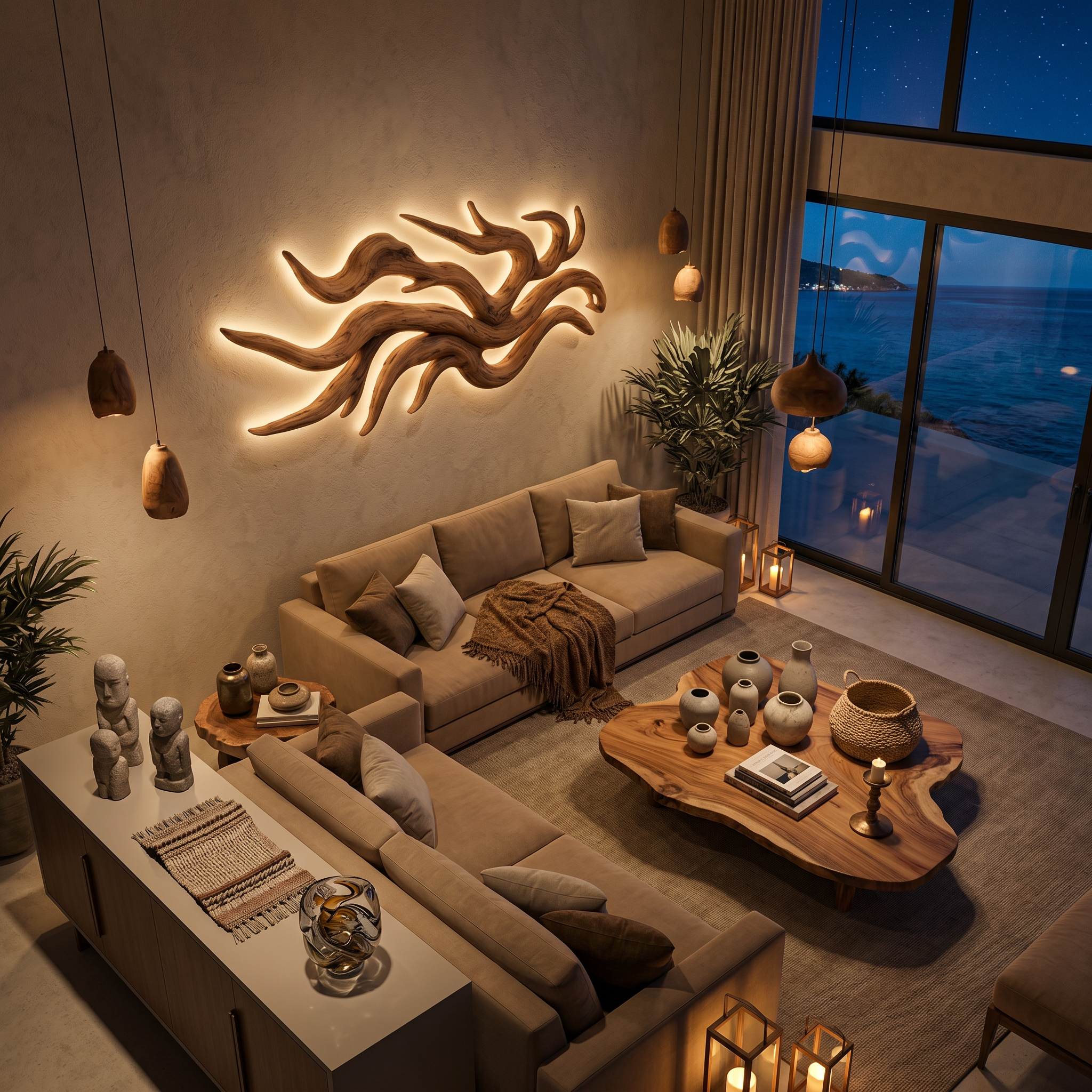 Artistic Wood LED Wall Sculpture Flowing Root Design For Bedroom Decor
