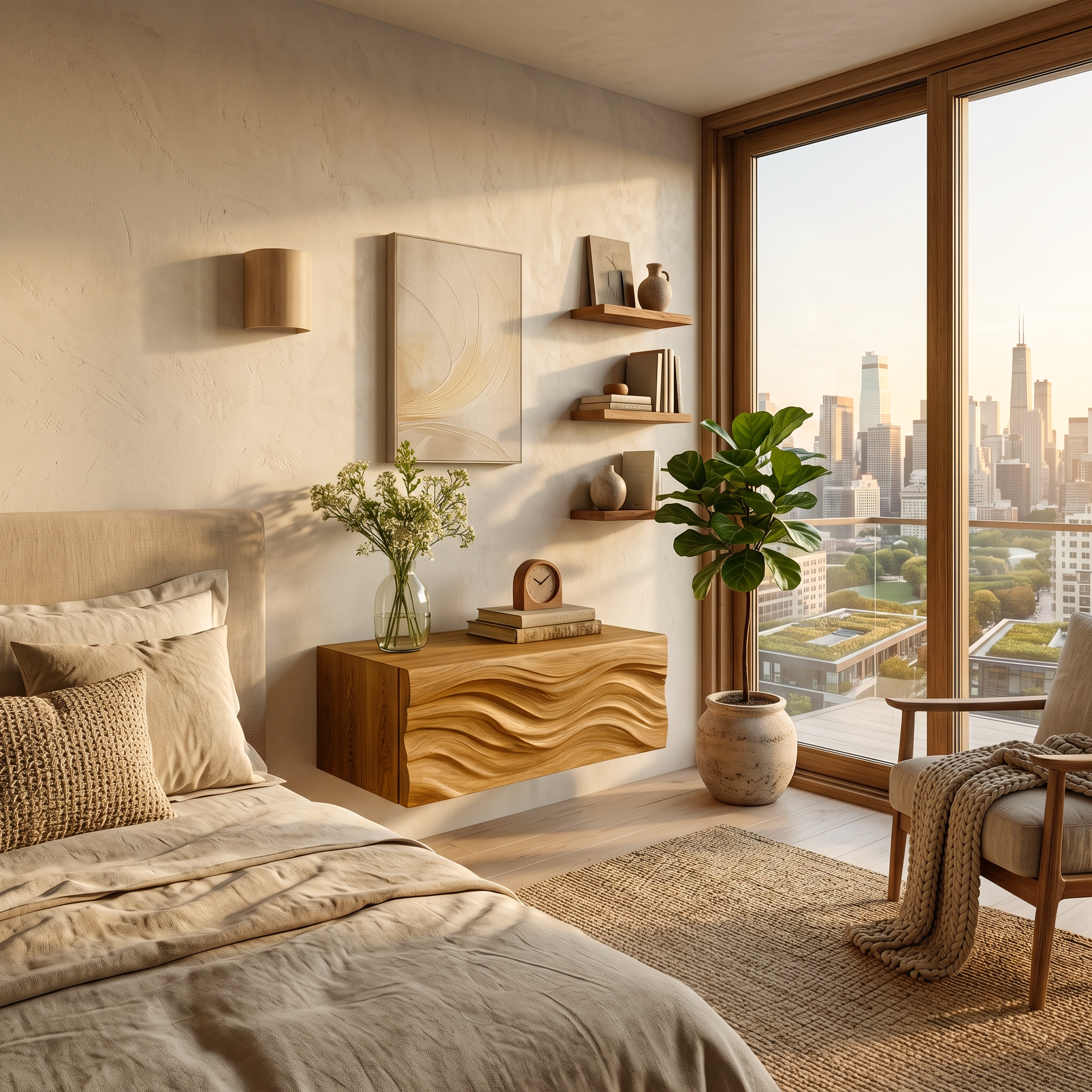 Contemporary Wooden Wall Mounted Nightstand For Bedroom Storage