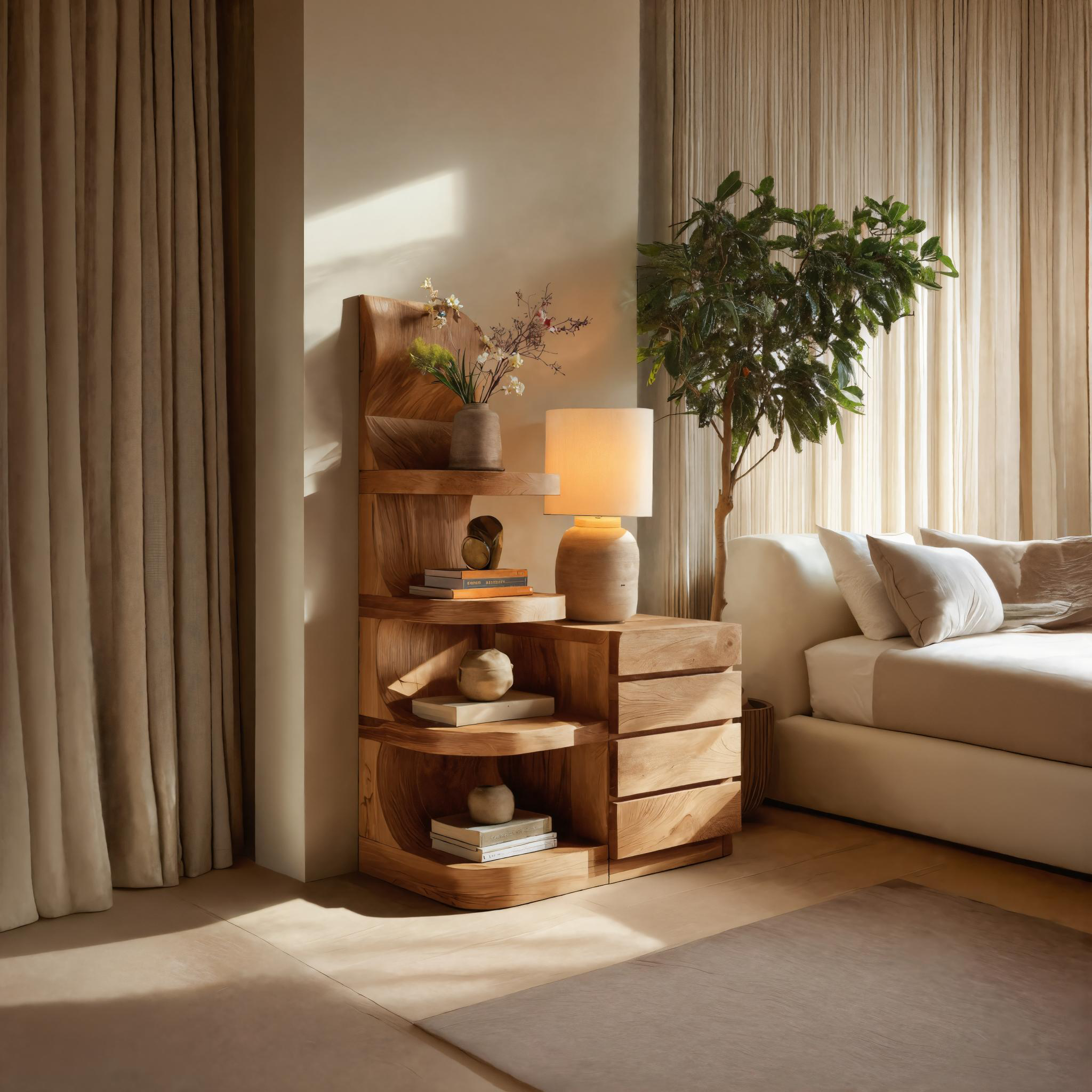 Modern Nightstand With Shelves And Drawers For Bedroom