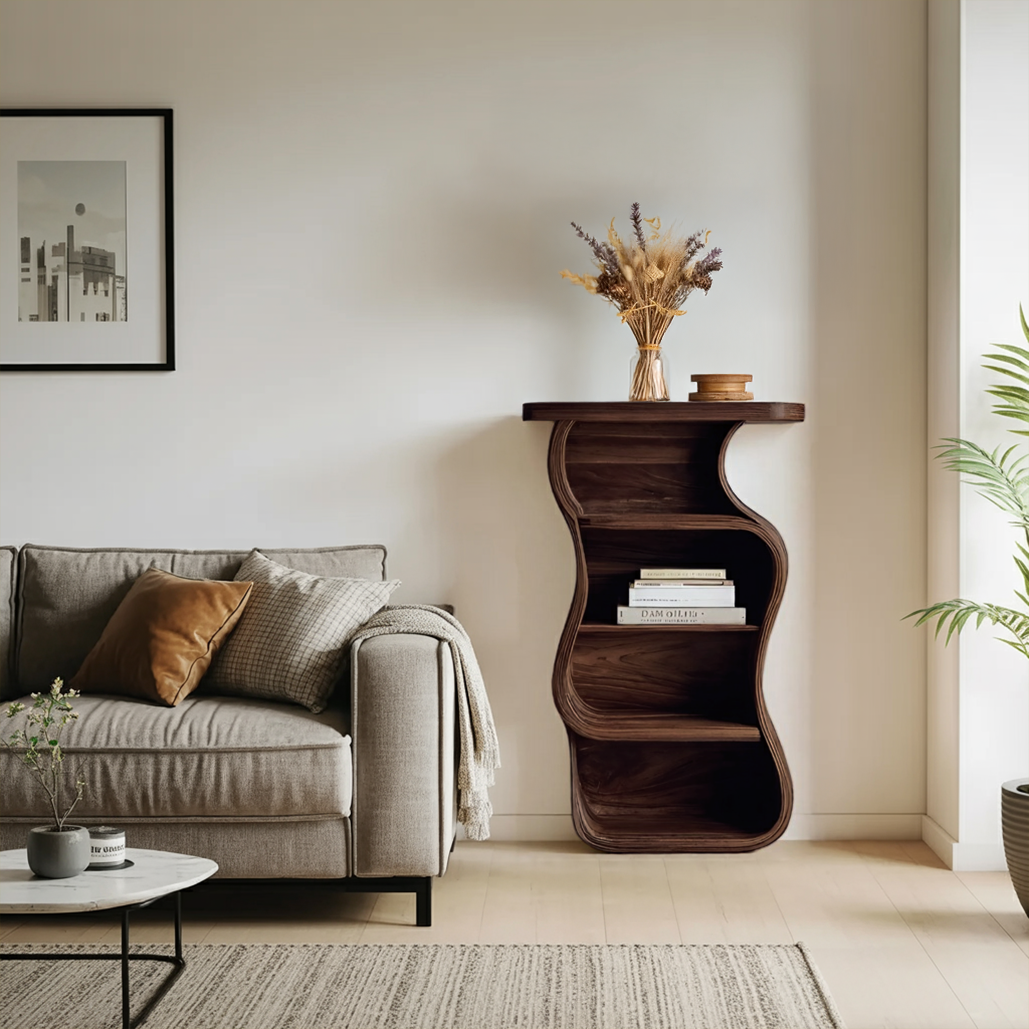 Contemporary Nightstand Sculptural With Open Shelf For Bedroom